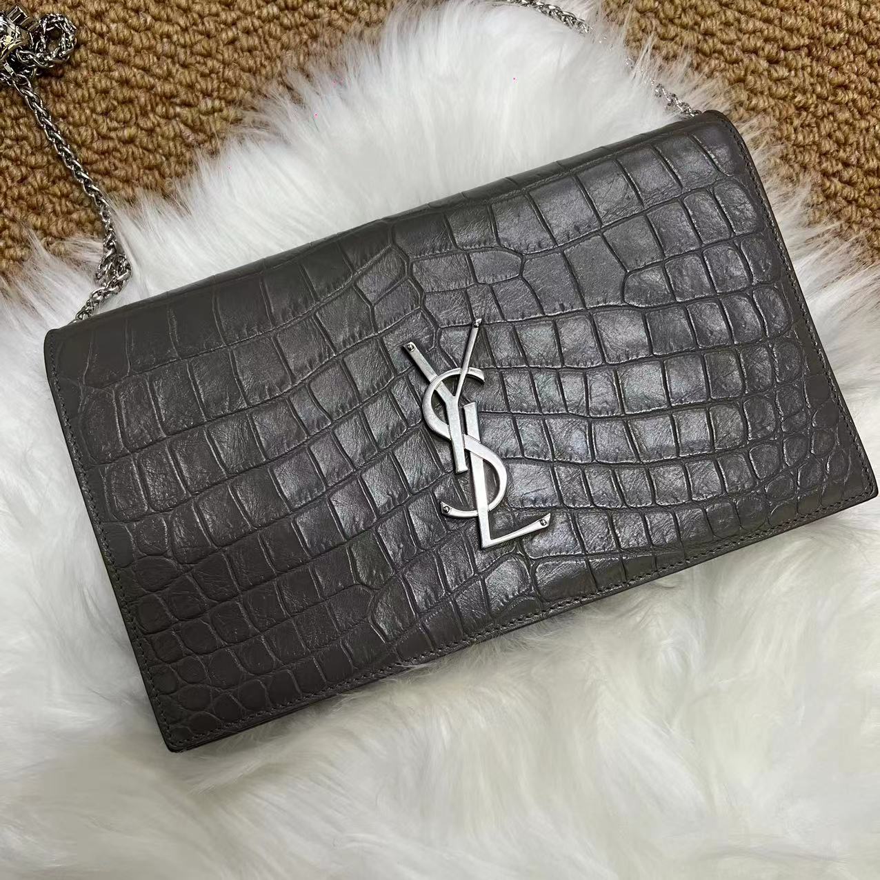 Croc Embossed Calfskin Classic Kate Monogram Clutch Fog