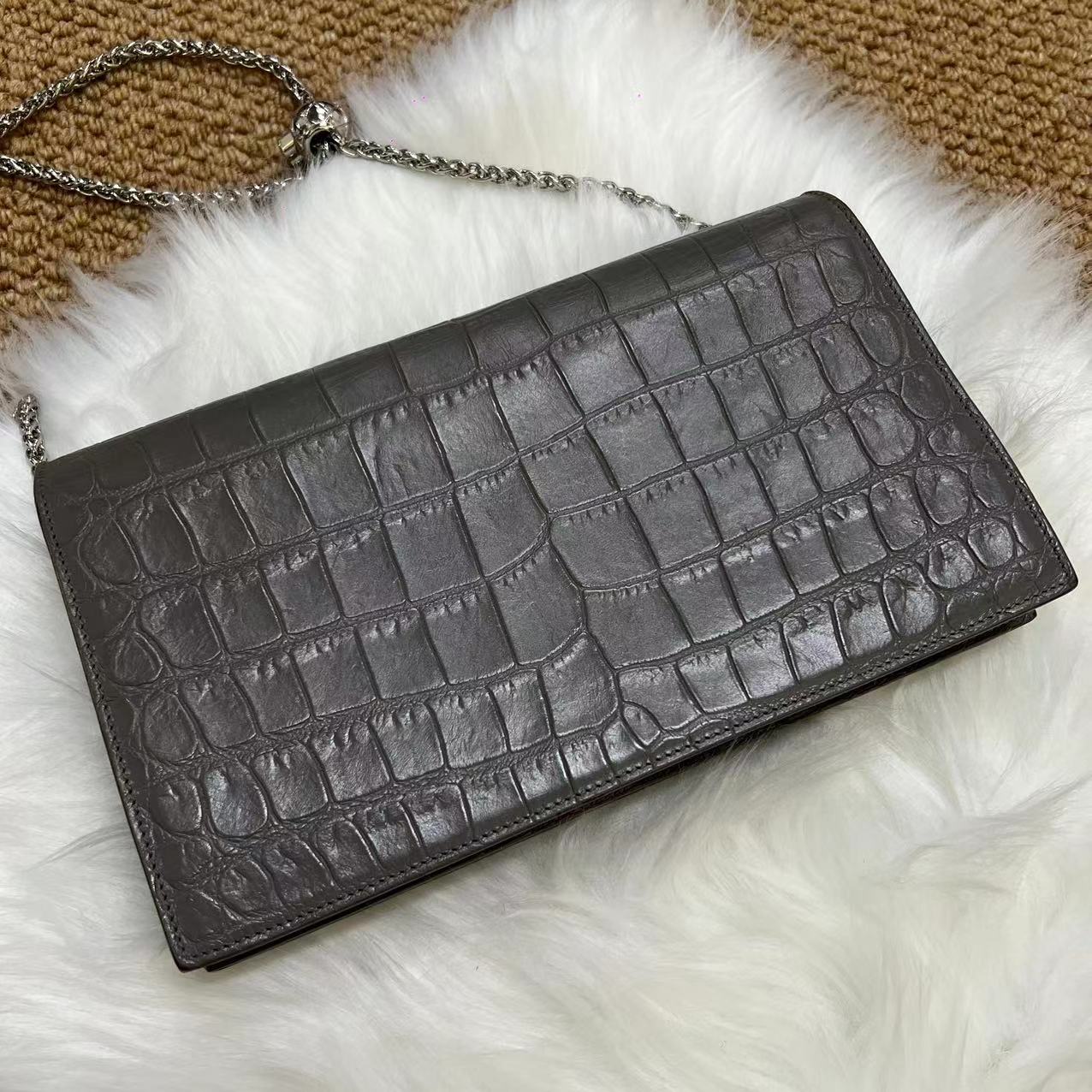 Croc Embossed Calfskin Classic Kate Monogram Clutch Fog