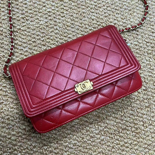 Chanel  Lambskin Quilted Boy Wallet On Chain WOC Red