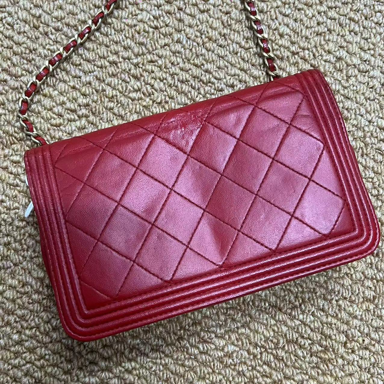 Chanel  Lambskin Quilted Boy Wallet On Chain WOC Red