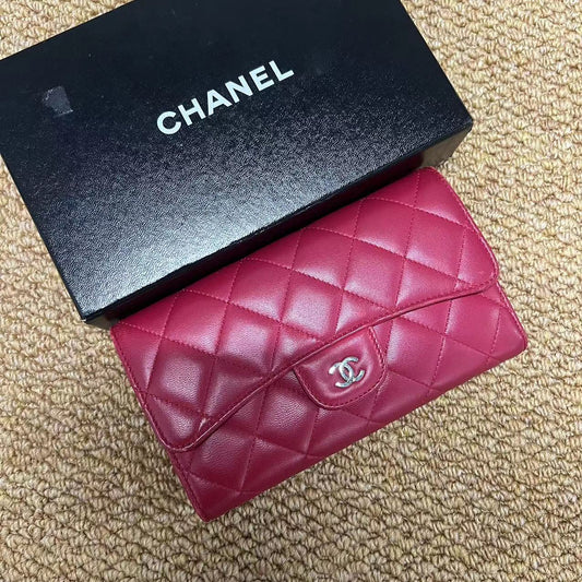 Auth CHANEL Matelasse Tri-fold Long Wallet Leather Red Coco Mark CC Logo w/Box