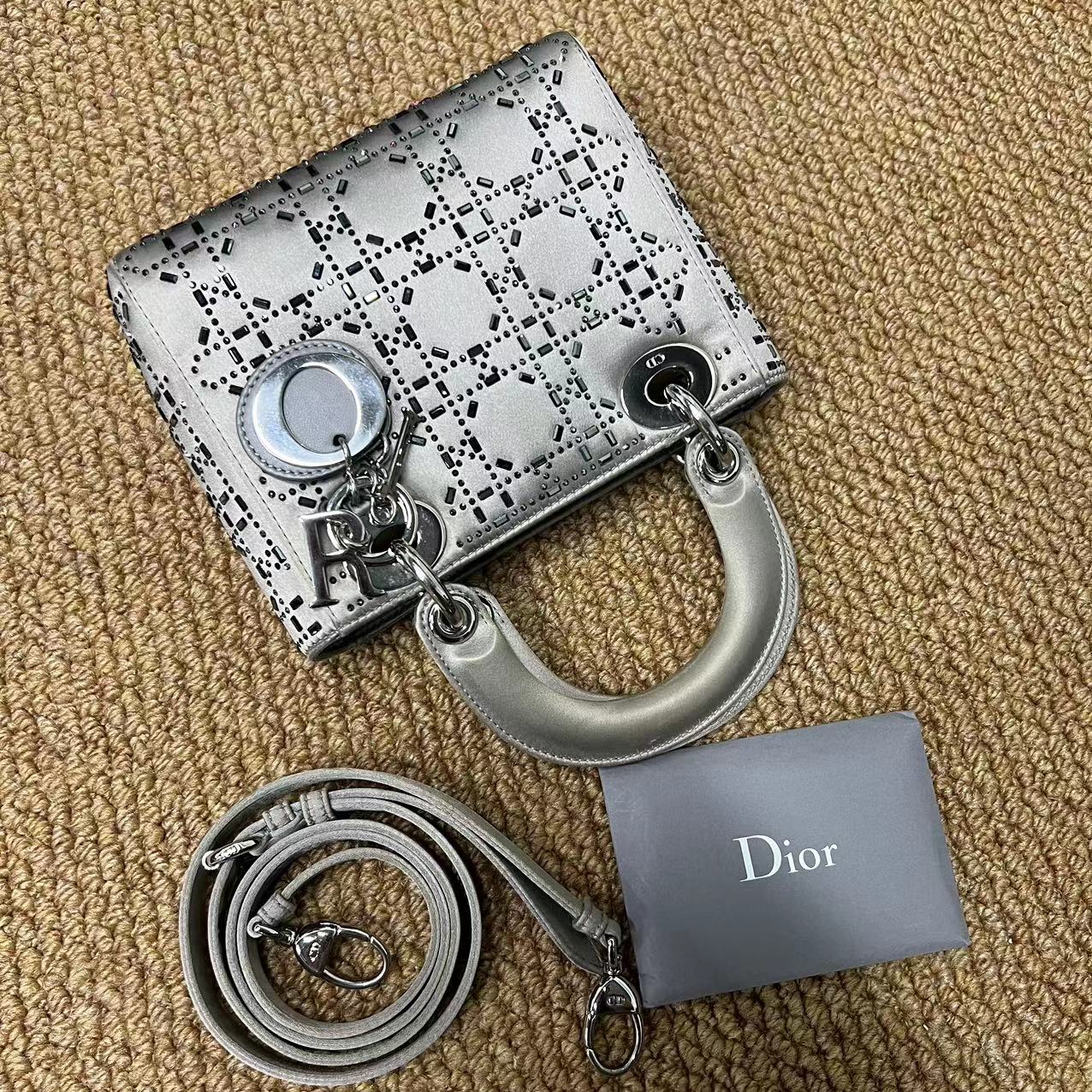 Christian Dior  Satin Crystal Cannage Mini Lady Dior Gray