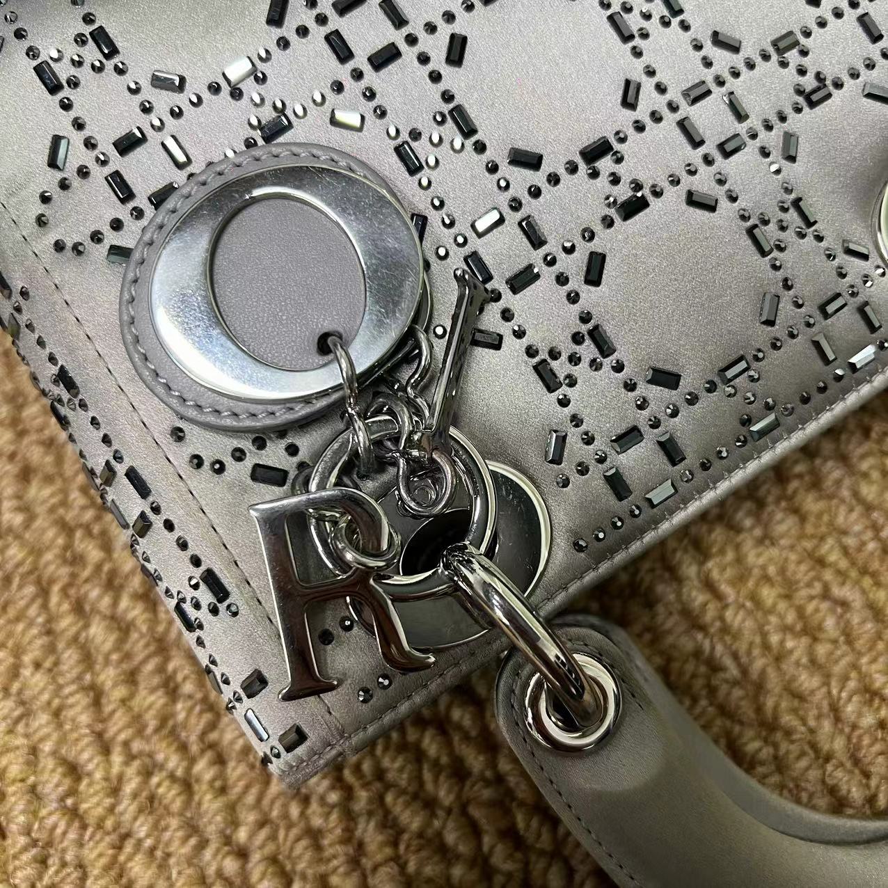 Christian Dior  Satin Crystal Cannage Mini Lady Dior Gray