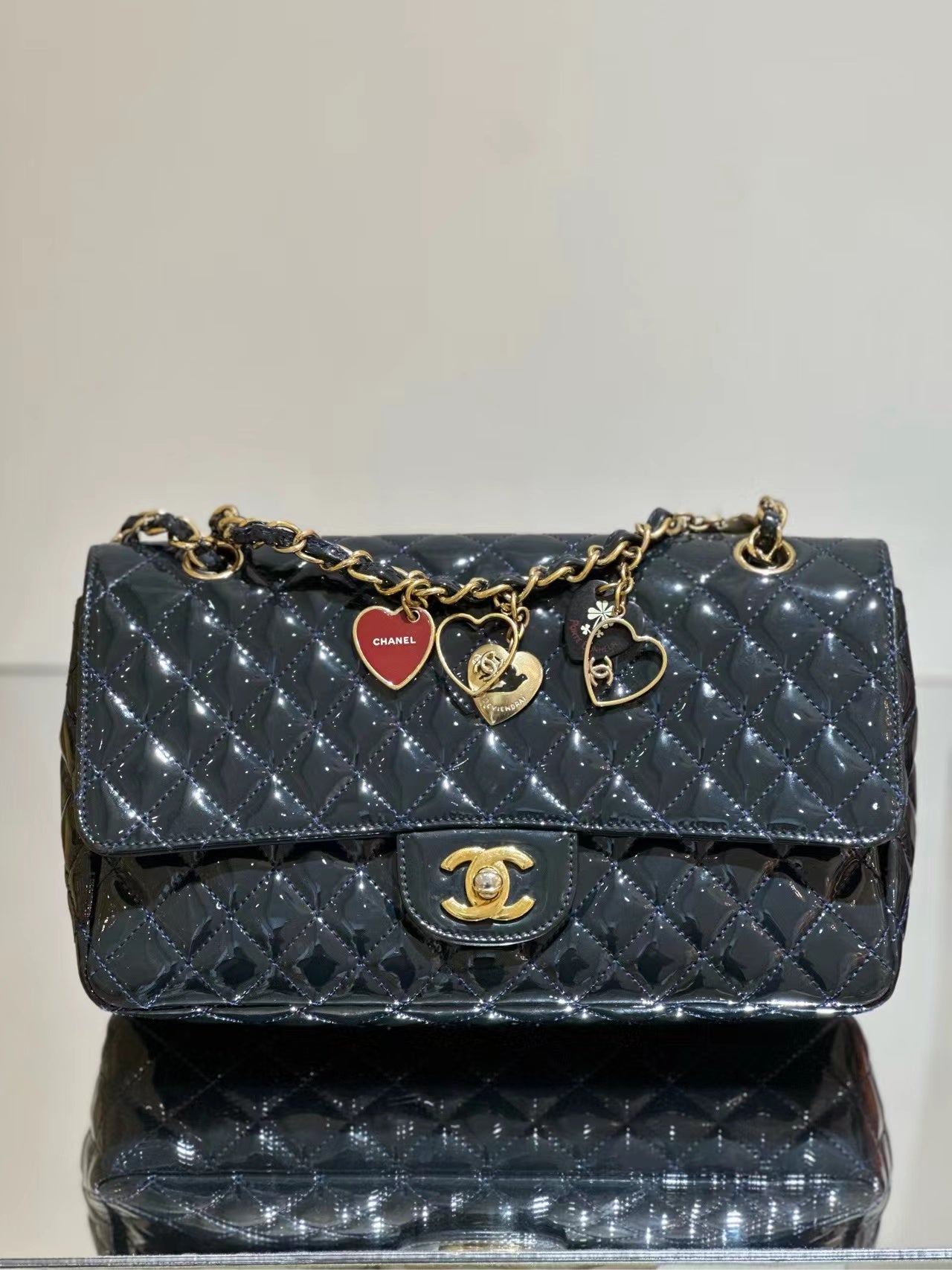 Chanel  Patent Calfskin Quilted Valentine Charms Medium Single Flap Navy