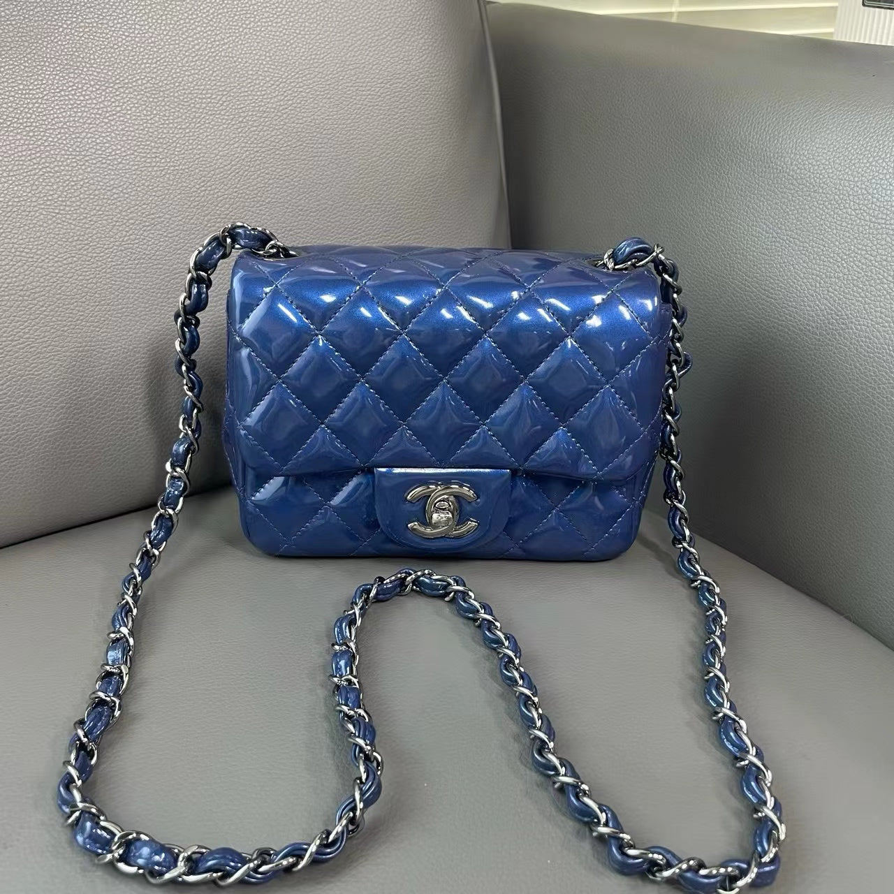 Chanel Blue Quilted Patent Leather Classic Rectangular Mini Flap Bag