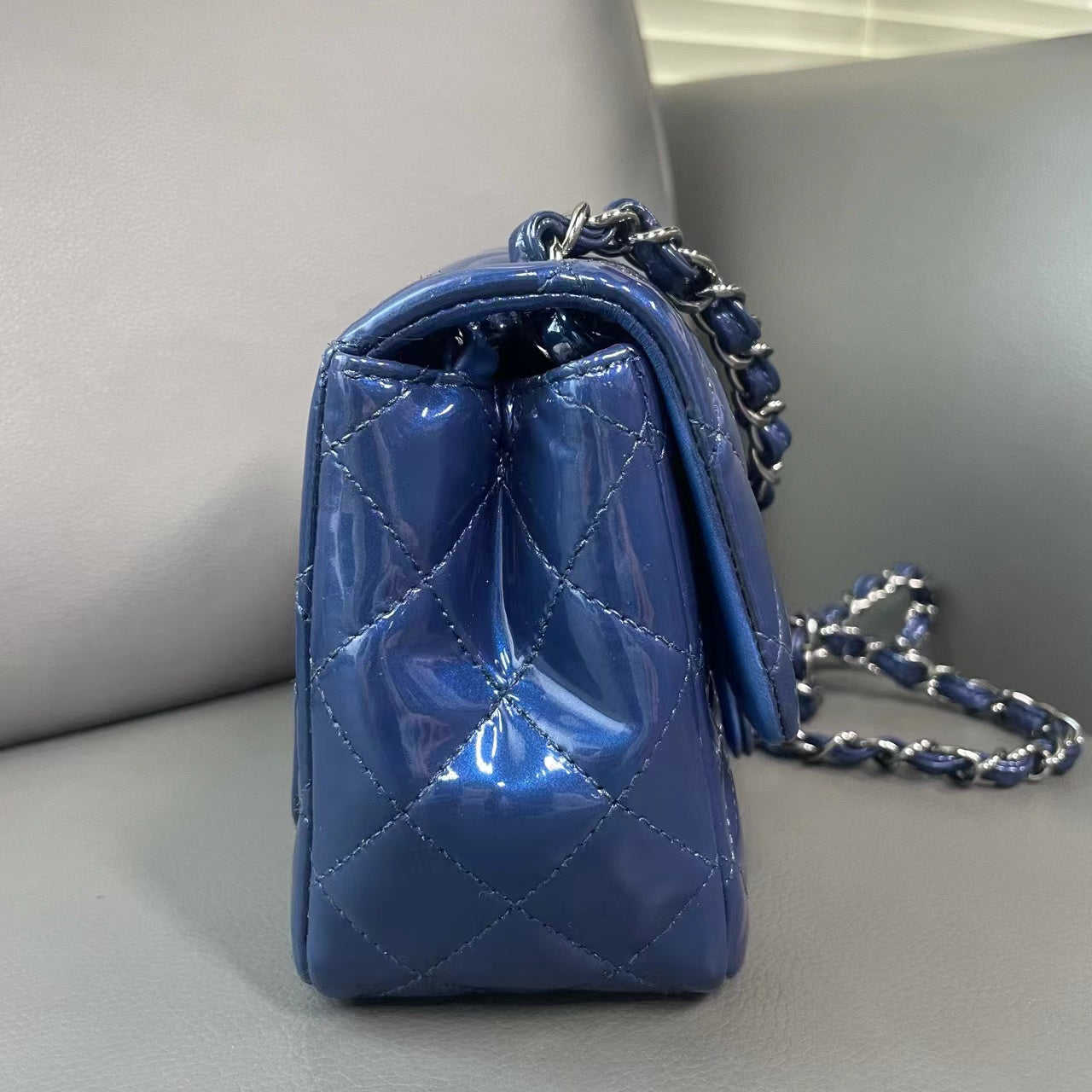 Chanel Blue Quilted Patent Leather Classic Rectangular Mini Flap Bag