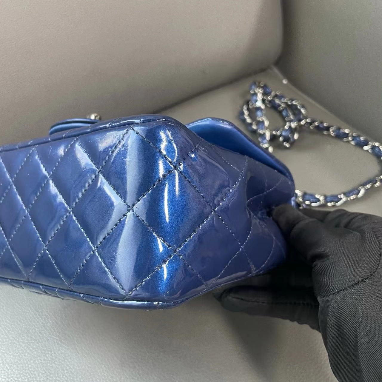 Chanel Blue Quilted Patent Leather Classic Rectangular Mini Flap Bag