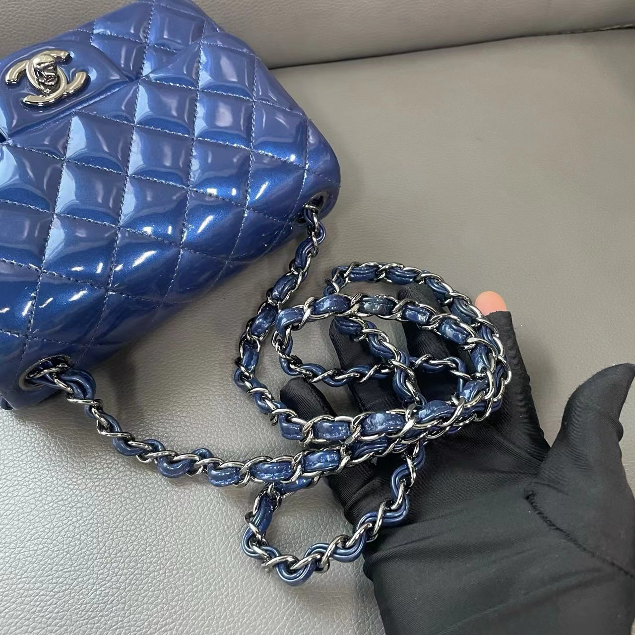 Chanel Blue Quilted Patent Leather Classic Rectangular Mini Flap Bag