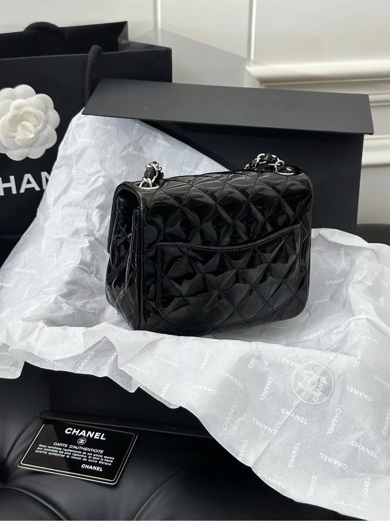 Chanel  Patent  Quilted Mini Square Flap Black Pristine