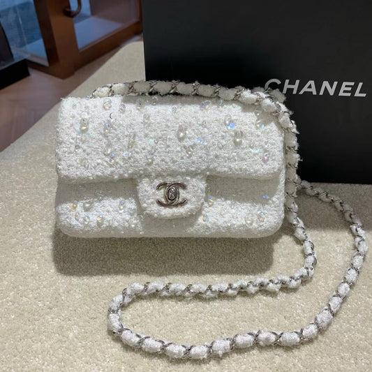 Chanel  Tweed Beaded Mini Rectangular Flap White