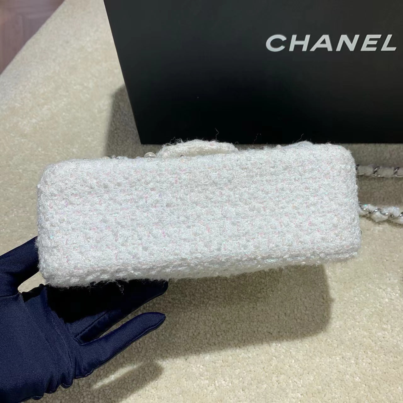 Chanel  Tweed Beaded Mini Rectangular Flap White