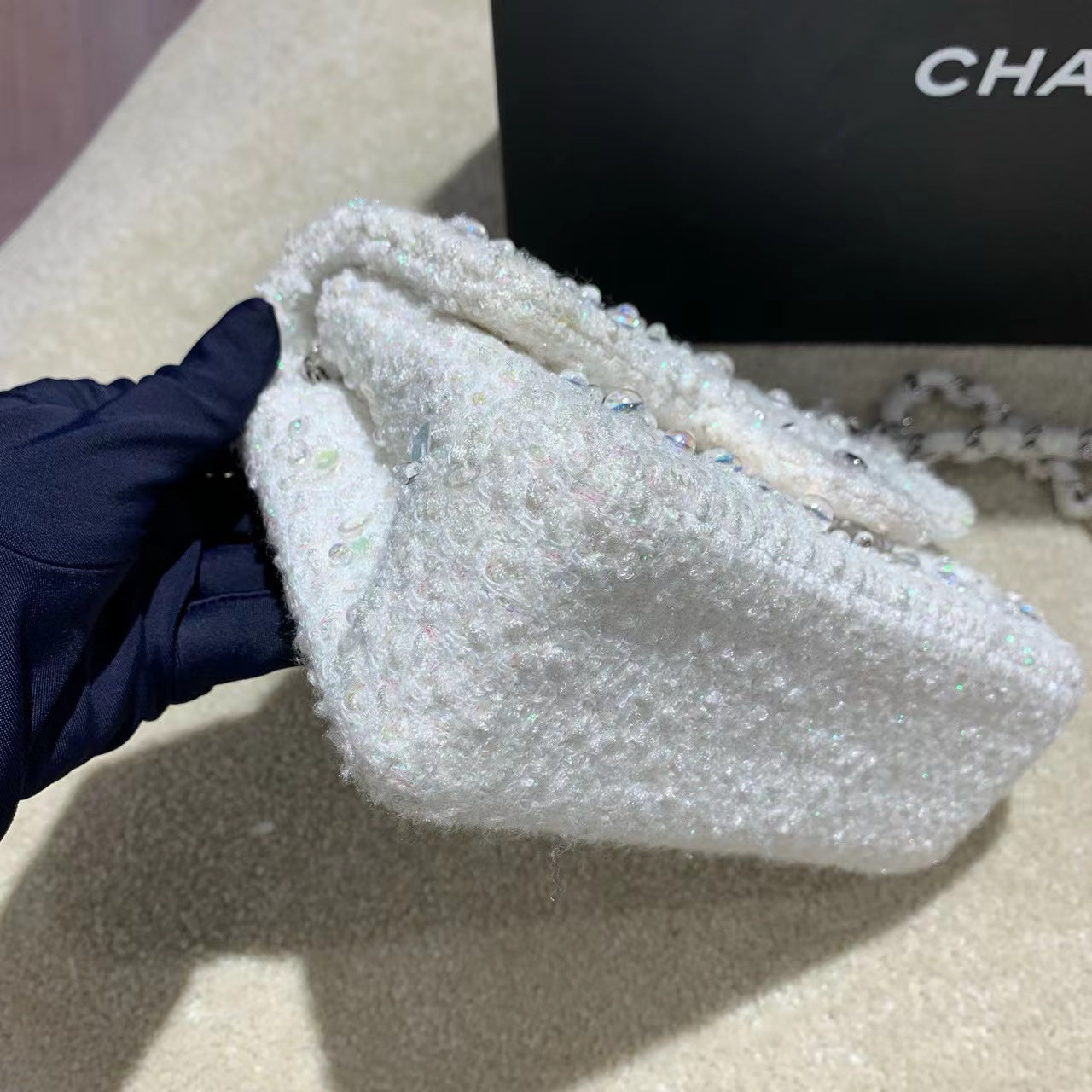 Chanel  Tweed Beaded Mini Rectangular Flap White