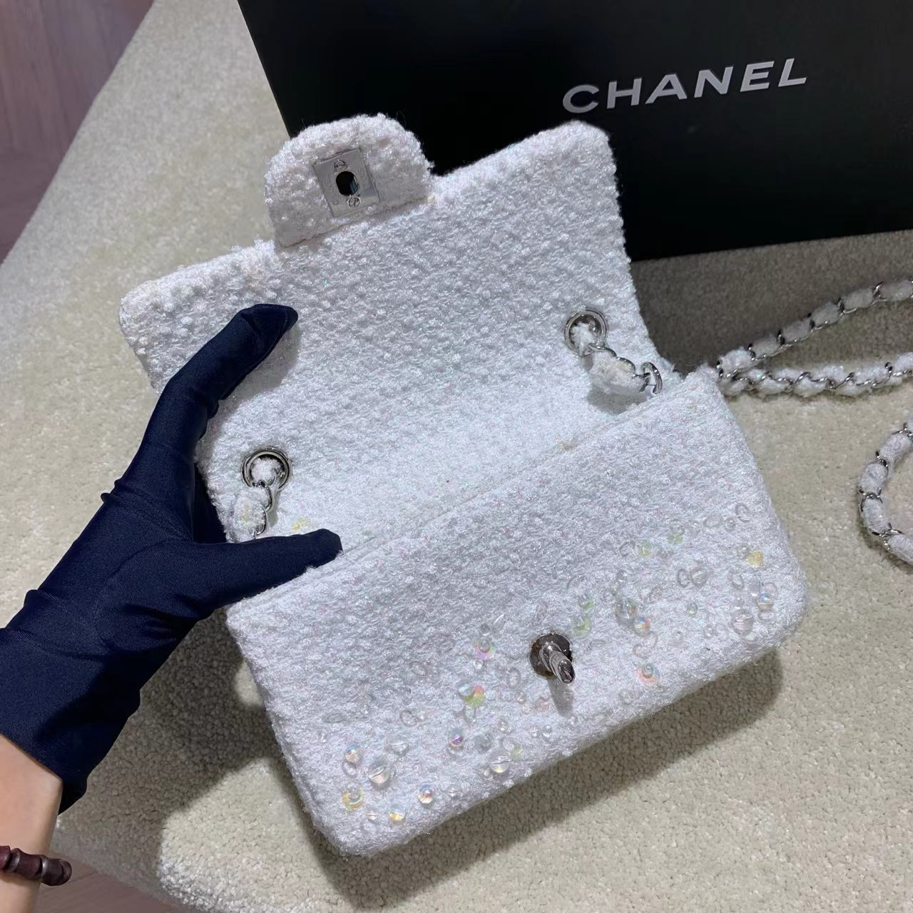 Chanel  Tweed Beaded Mini Rectangular Flap White