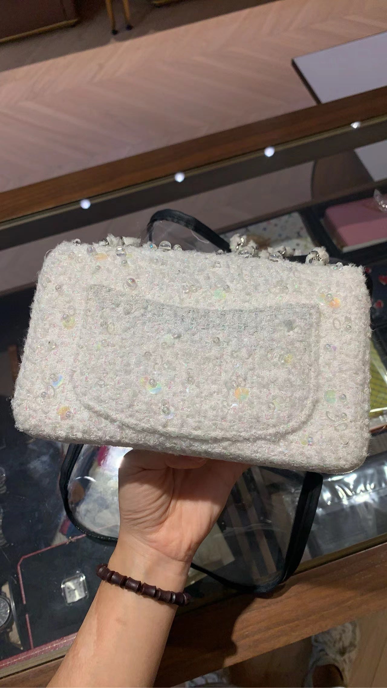 Chanel  Tweed Beaded Mini Rectangular Flap White