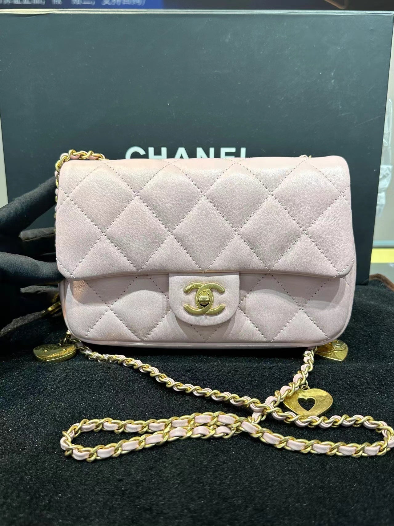 Chanel Pink 22B Mini Flap Bag in Lambskin Leather with Gold Hardware and Hearts Chain