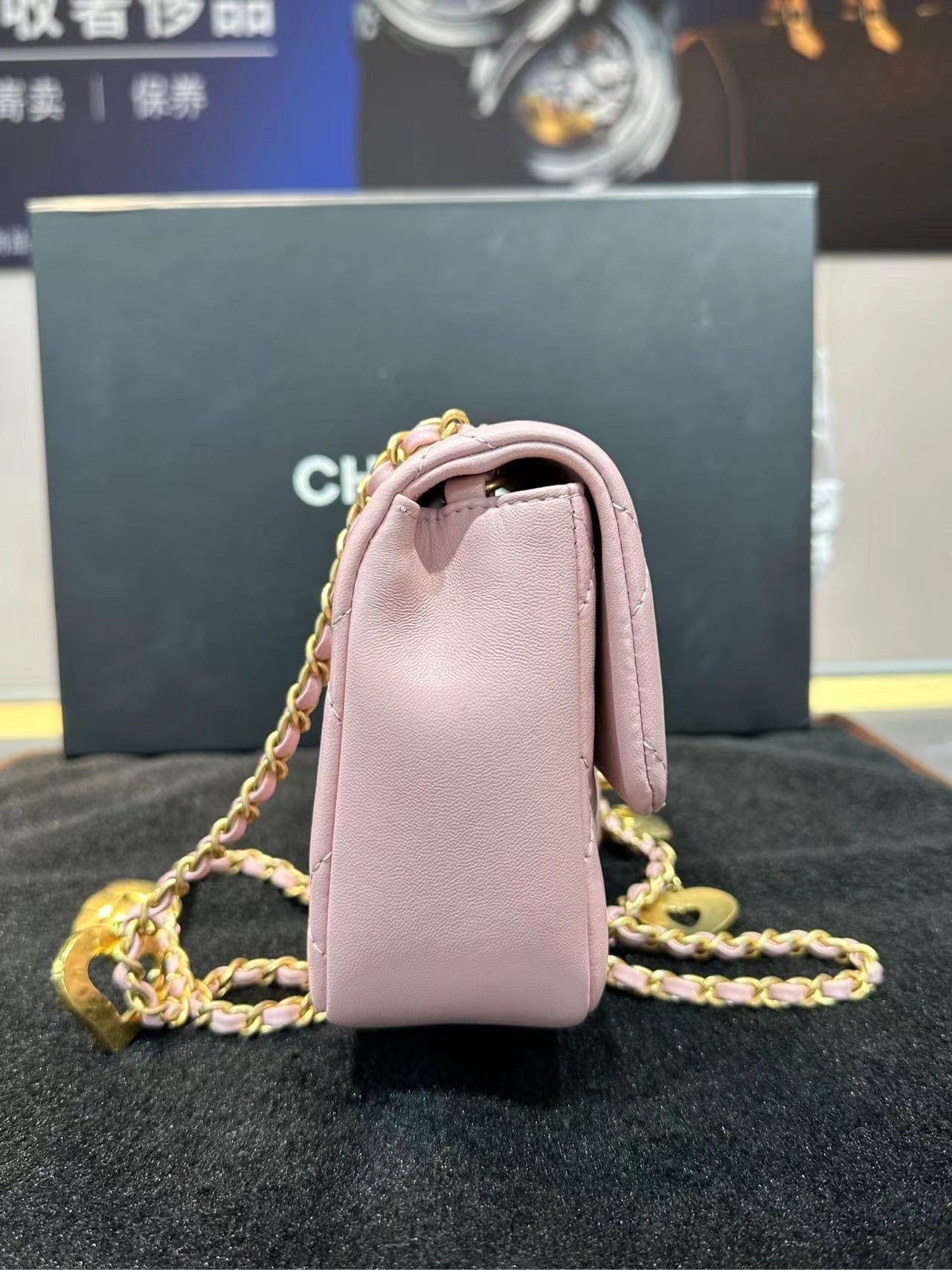 Chanel Pink 22B Mini Flap Bag in Lambskin Leather with Gold Hardware and Hearts Chain