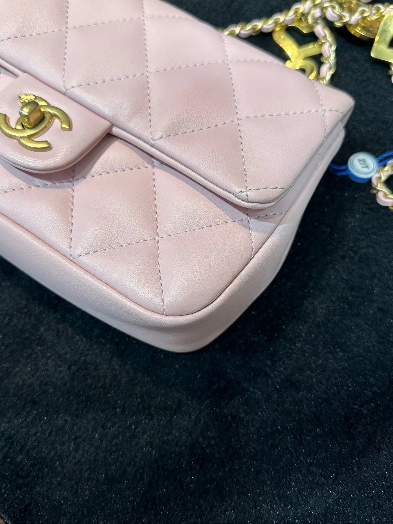 Chanel Pink 22B Mini Flap Bag in Lambskin Leather with Gold Hardware and Hearts Chain