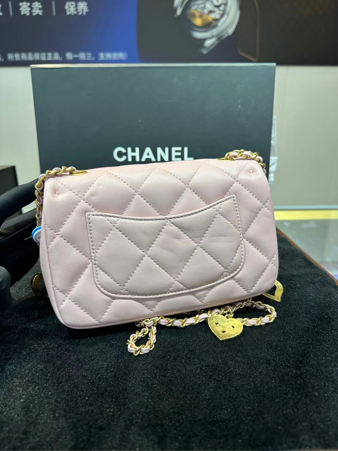 Chanel Pink 22B Mini Flap Bag in Lambskin Leather with Gold Hardware and Hearts Chain