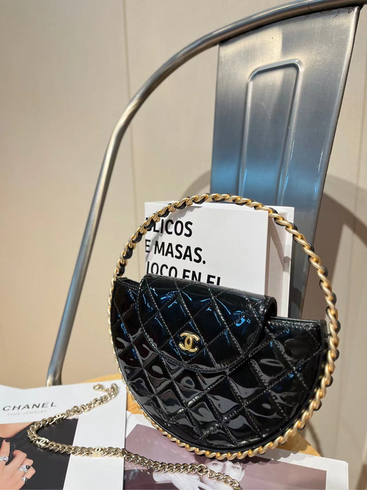 Chanel  23K Patent Calfskin Quilted Chain Hoop Bag Black