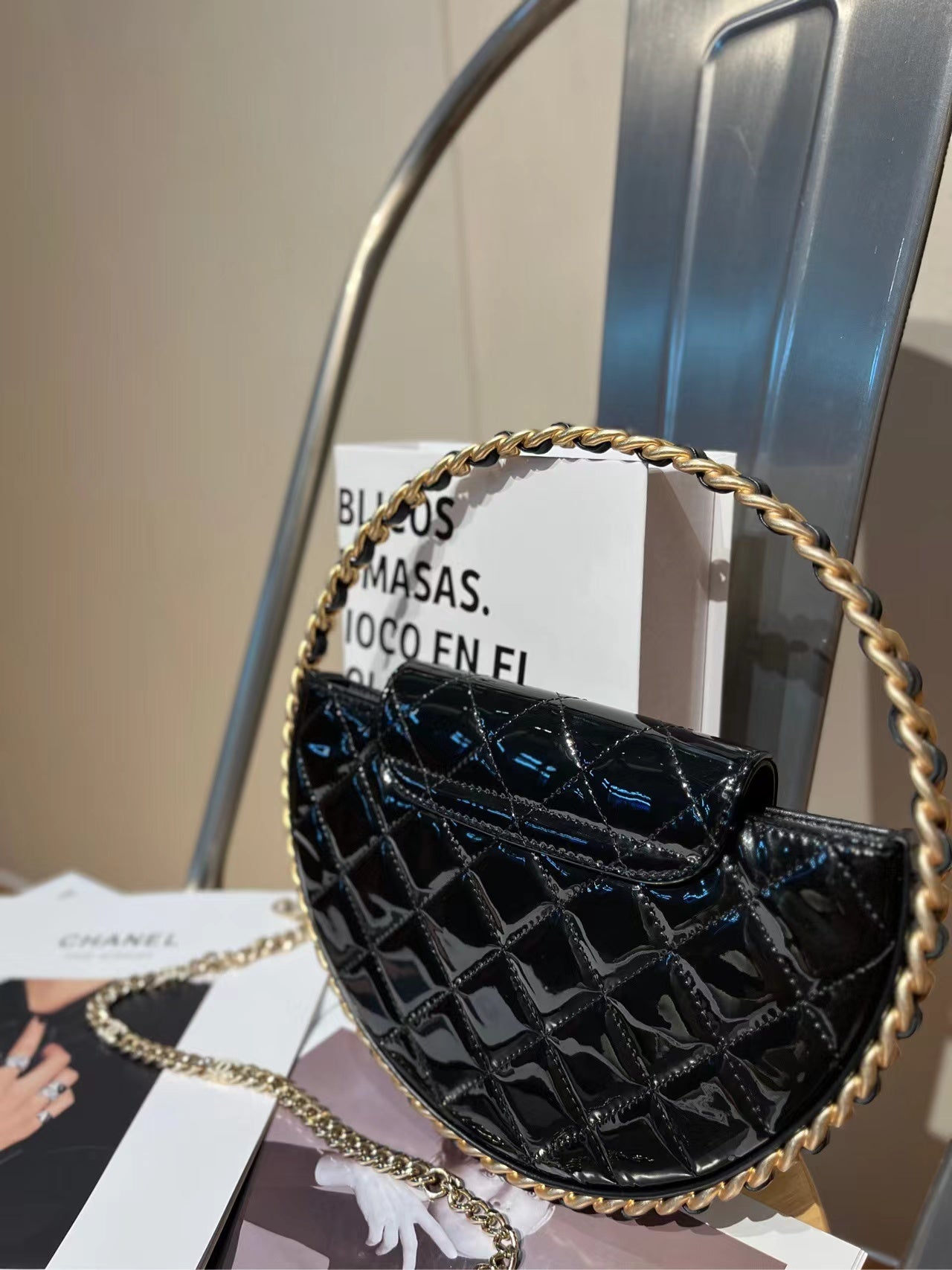 Chanel  23K Patent Calfskin Quilted Chain Hoop Bag Black