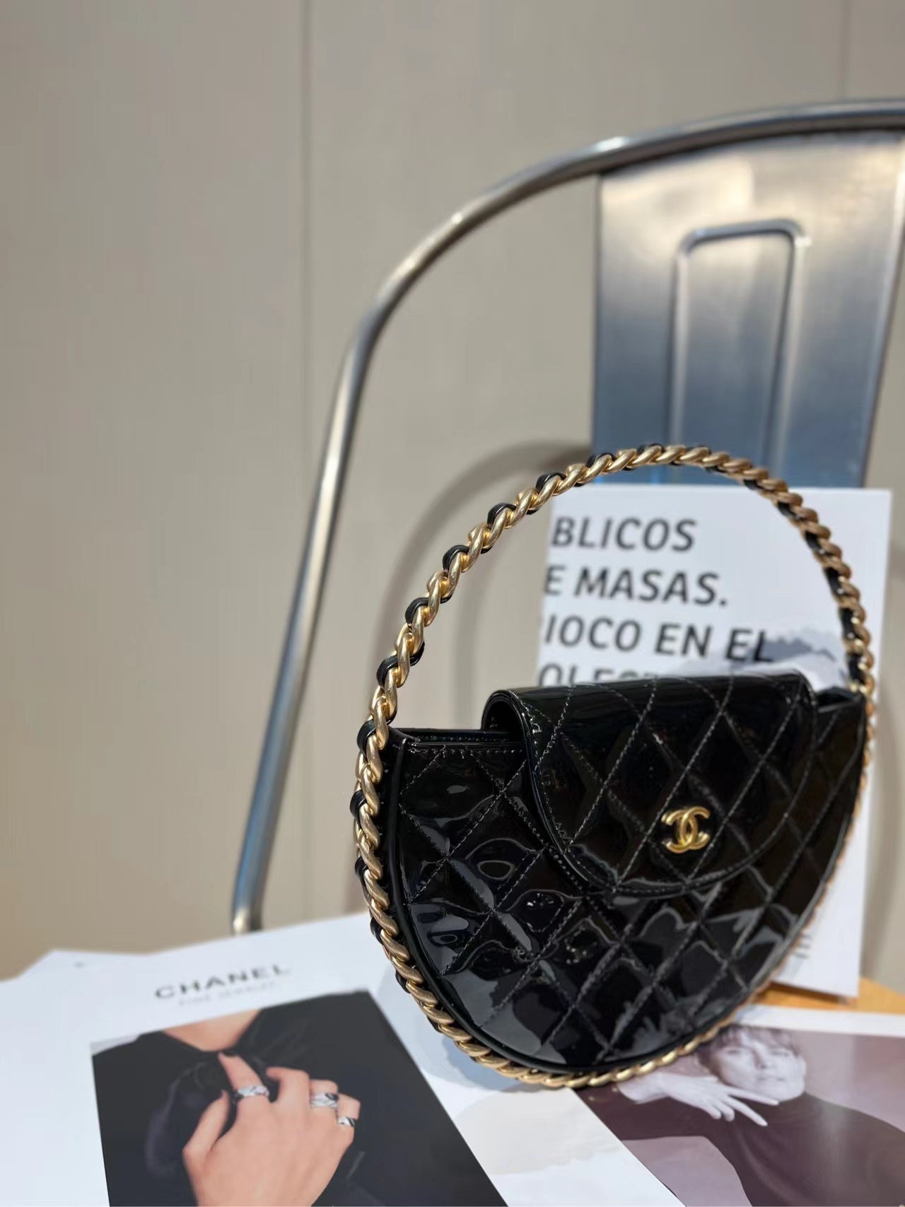 Chanel  23K Patent Calfskin Quilted Chain Hoop Bag Black