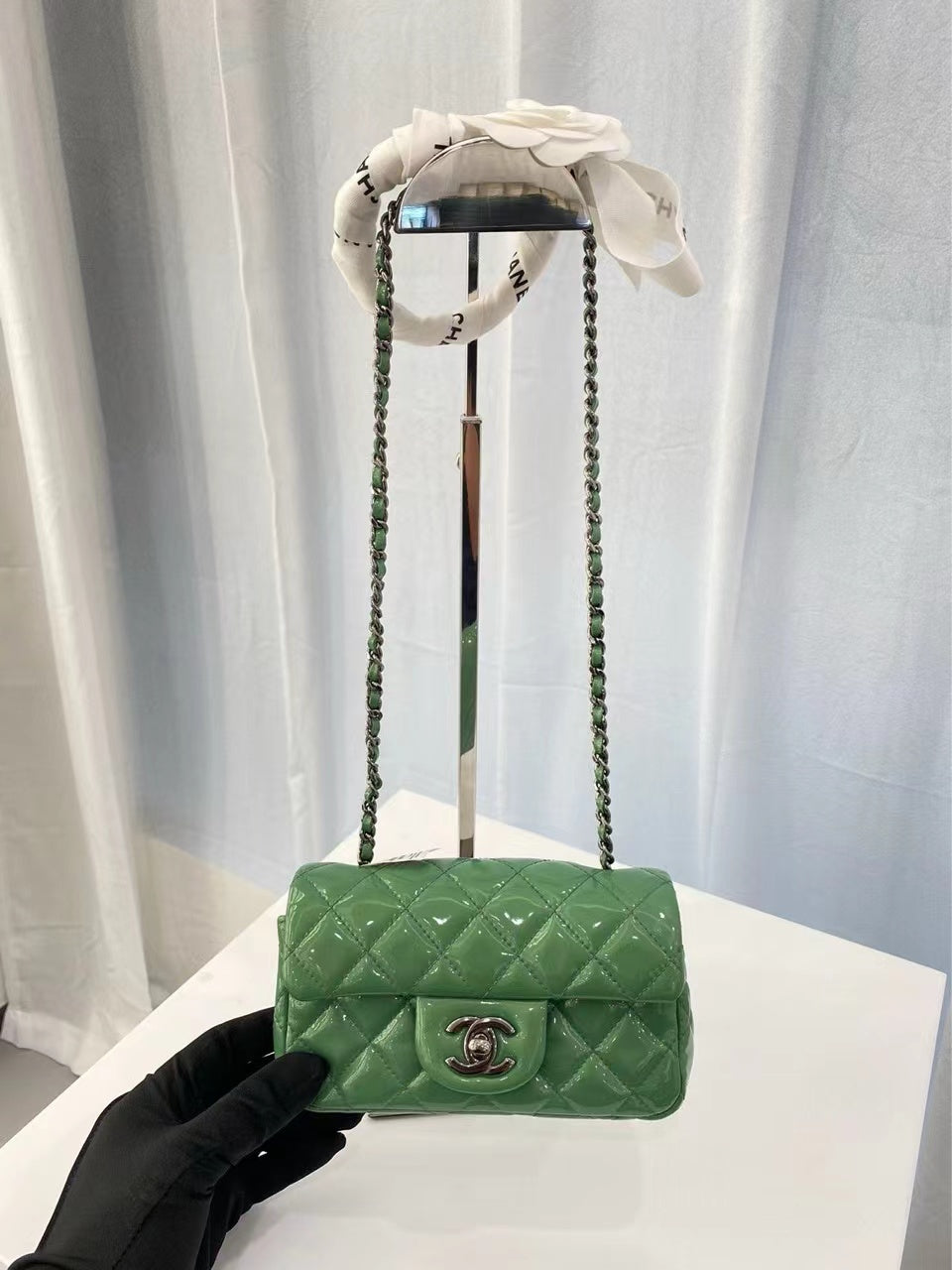 Chanel Classic Flap Super Mini Green Patent Leather Silver Chain