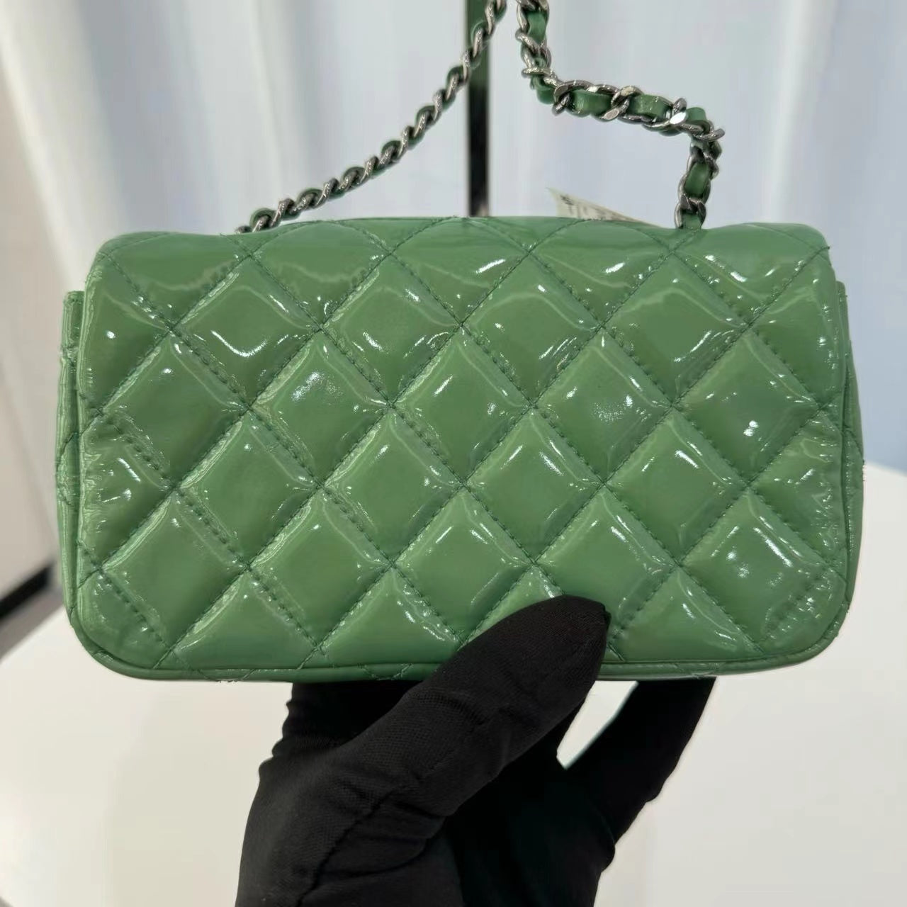 Chanel Classic Flap Super Mini Green Patent Leather Silver Chain