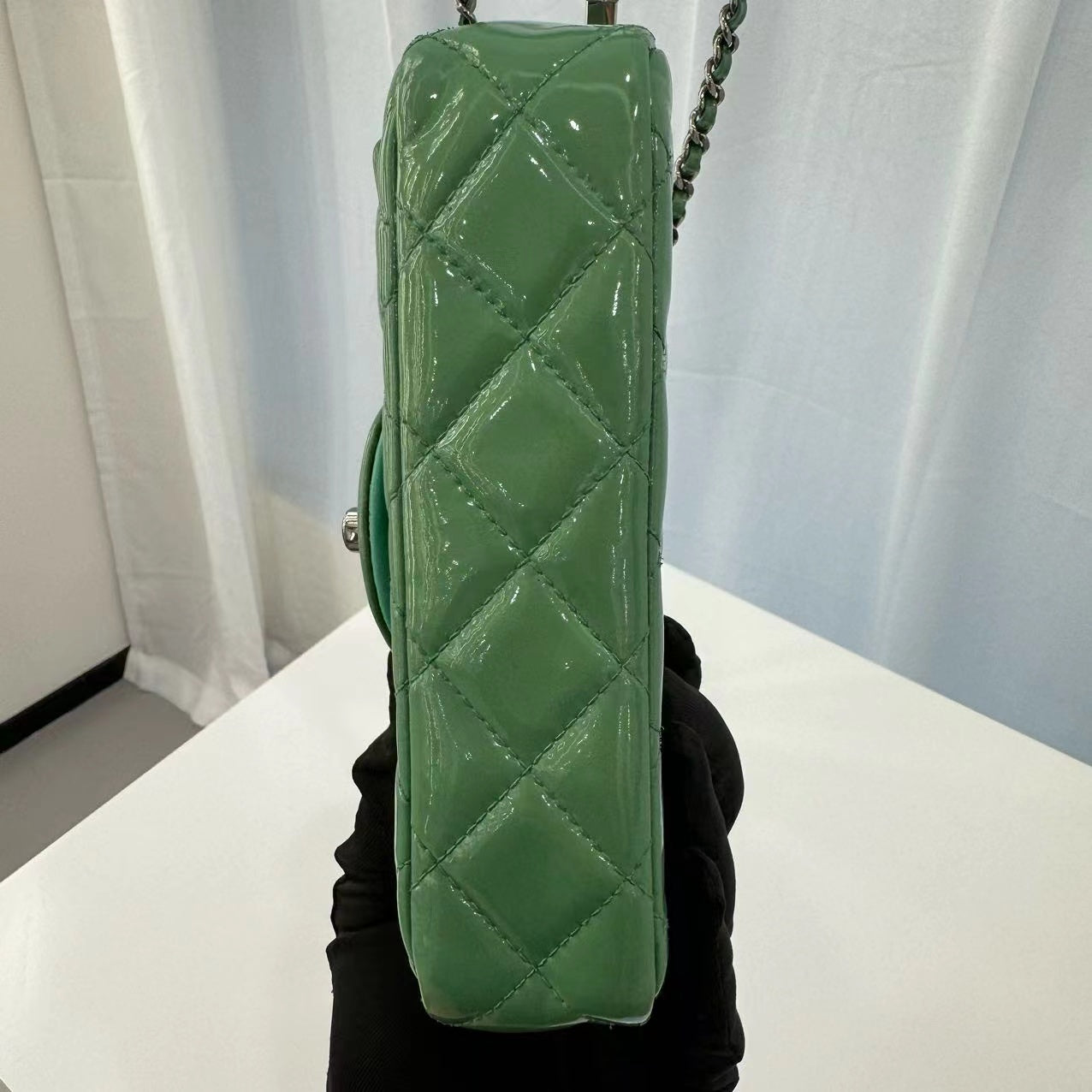 Chanel Classic Flap Super Mini Green Patent Leather Silver Chain