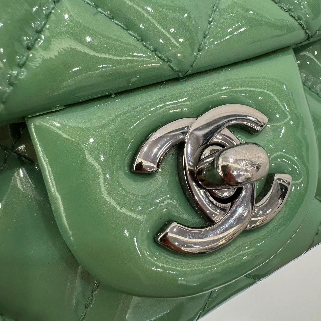 Chanel Classic Flap Super Mini Green Patent Leather Silver Chain