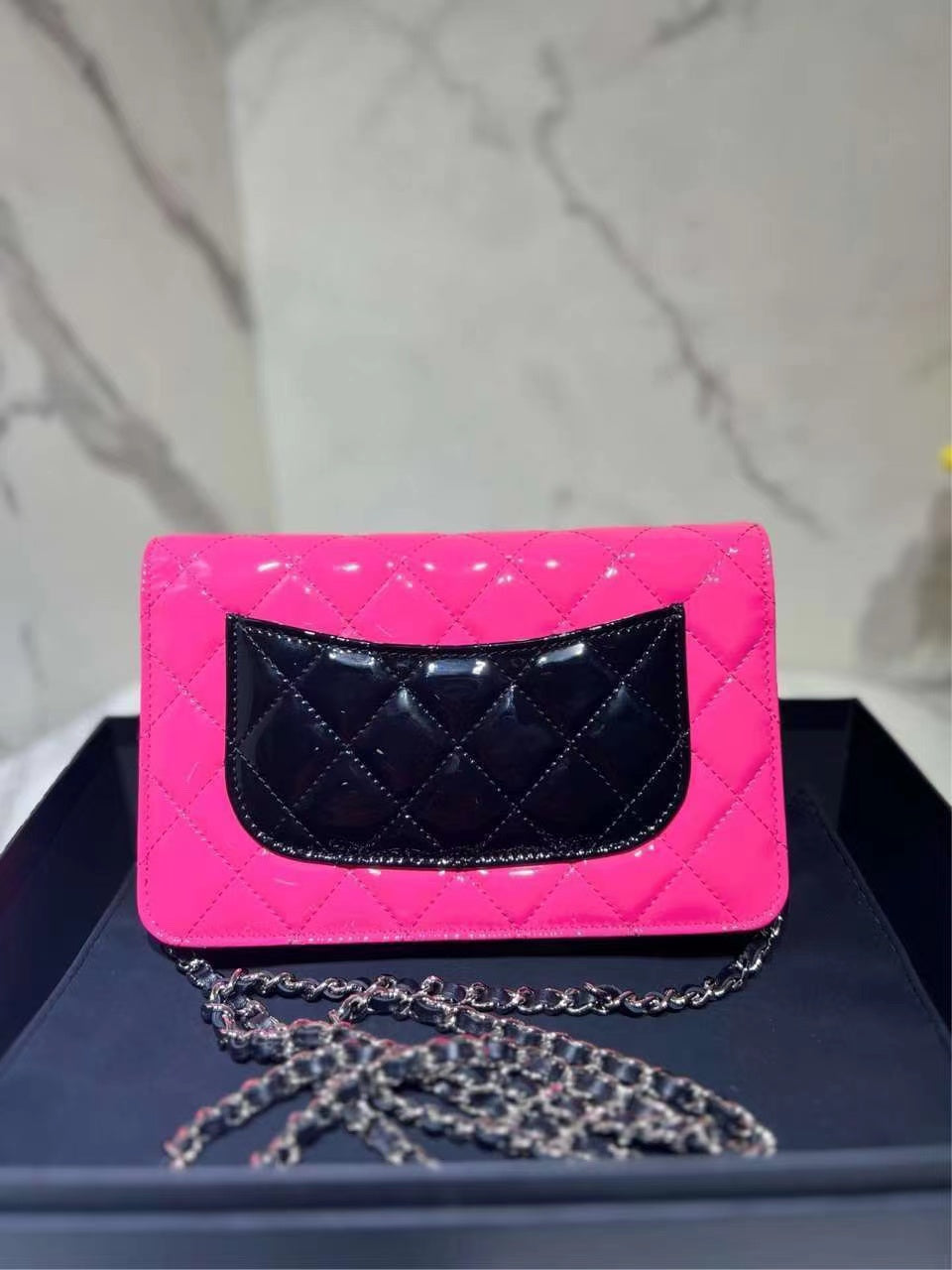 Chanel Classic Quilted Patent Bicolor Wallet On Chain