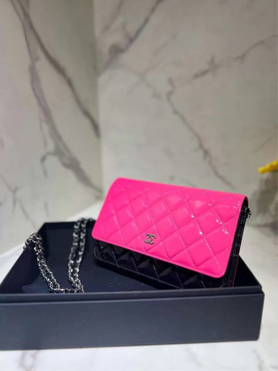 Chanel Classic Quilted Patent Bicolor Wallet On Chain