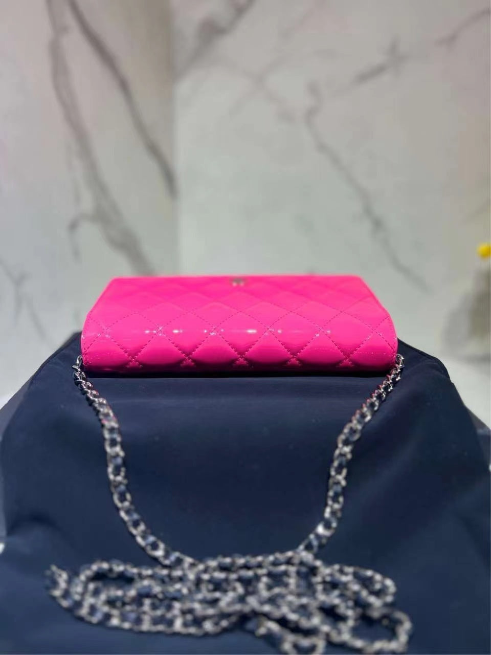 Chanel Classic Quilted Patent Bicolor Wallet On Chain