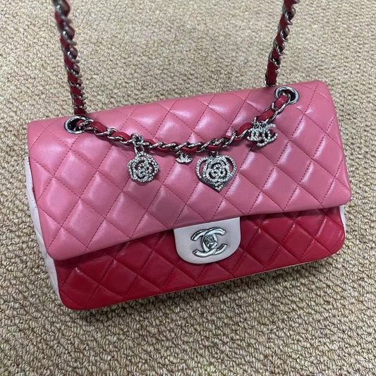 Chanel  Lambskin Quilted Tri-Color Medium Valentine Charms Single Flap Pink