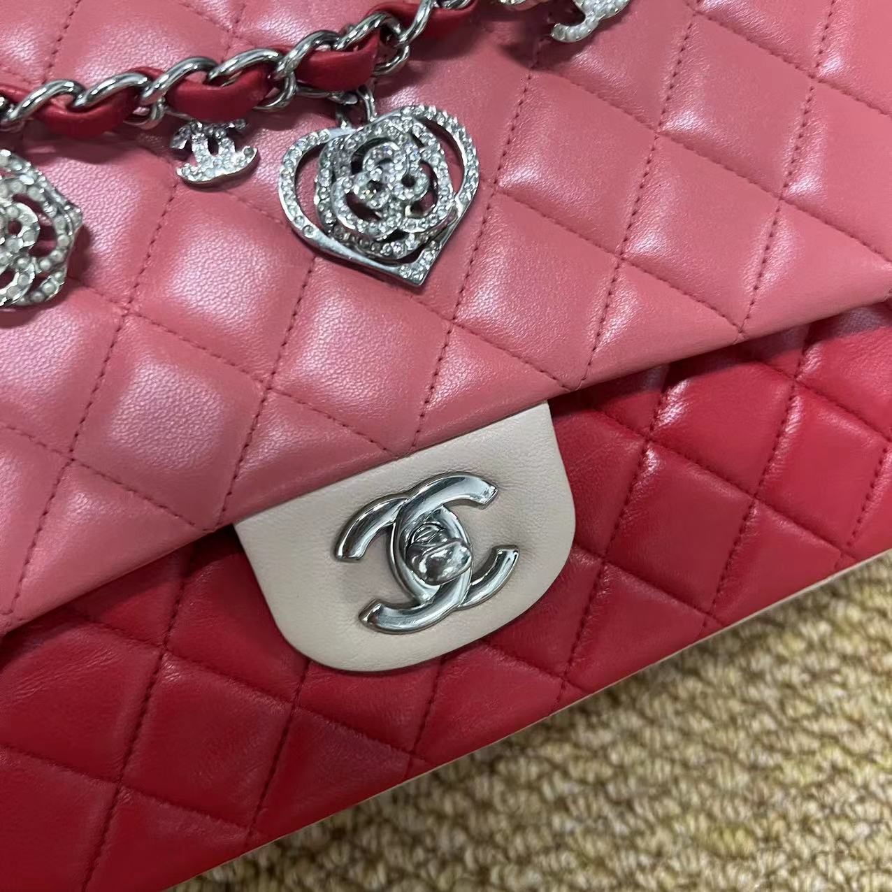 Chanel  Lambskin Quilted Tri-Color Medium Valentine Charms Single Flap Pink